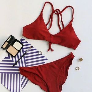 Red Braided Cross Back Top with Ripple Bikini